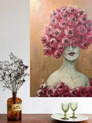 Modern handgemaakt schilderij 130x90 one of the kind. Izartshop schilderij van een dame, Pretty in Red acrylschilderij van IzArtShop. Handgemaakt figuratief kunstwerk op canvas van 130×90 cm met satijnglans en sterke rode tinten.