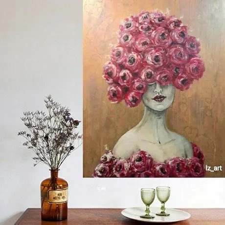 Modern handgemaakt schilderij 130x90 one of the kind. Izartshop schilderij van een dame, Pretty in Red acrylschilderij van IzArtShop. Handgemaakt figuratief kunstwerk op canvas van 130×90 cm met satijnglans en sterke rode tinten.