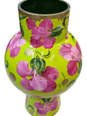handbeschilderd glazen kunst vaas van izartshop met gele en roze bloemen