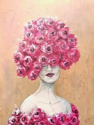 izartshop handgemaakte schilderij Pretty in Red acrylschilderij van IzArtShop. Handgemaakt figuratief kunstwerk op canvas van 130×90 cm met satijnglans en sterke rode tinten.