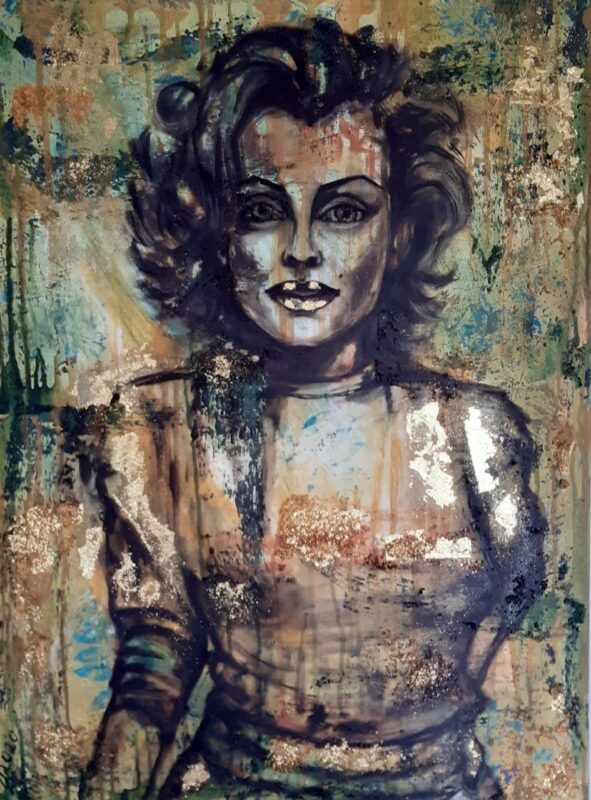 modern handgemaakte schilderij vrouw. izartshop mixmedia schilderij, figuratief schilderij vrouw