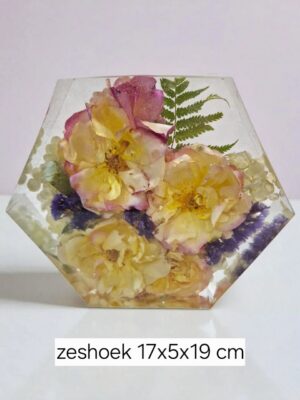 IzArtShop handgemaakte epoxy herinneringsstukken met gedroogde bloemen. resin op bestelling zeshoek