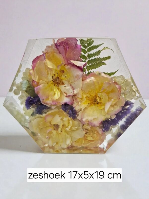 IzArtShop handgemaakte epoxy herinneringsstukken met gedroogde bloemen. resin op bestelling zeshoek