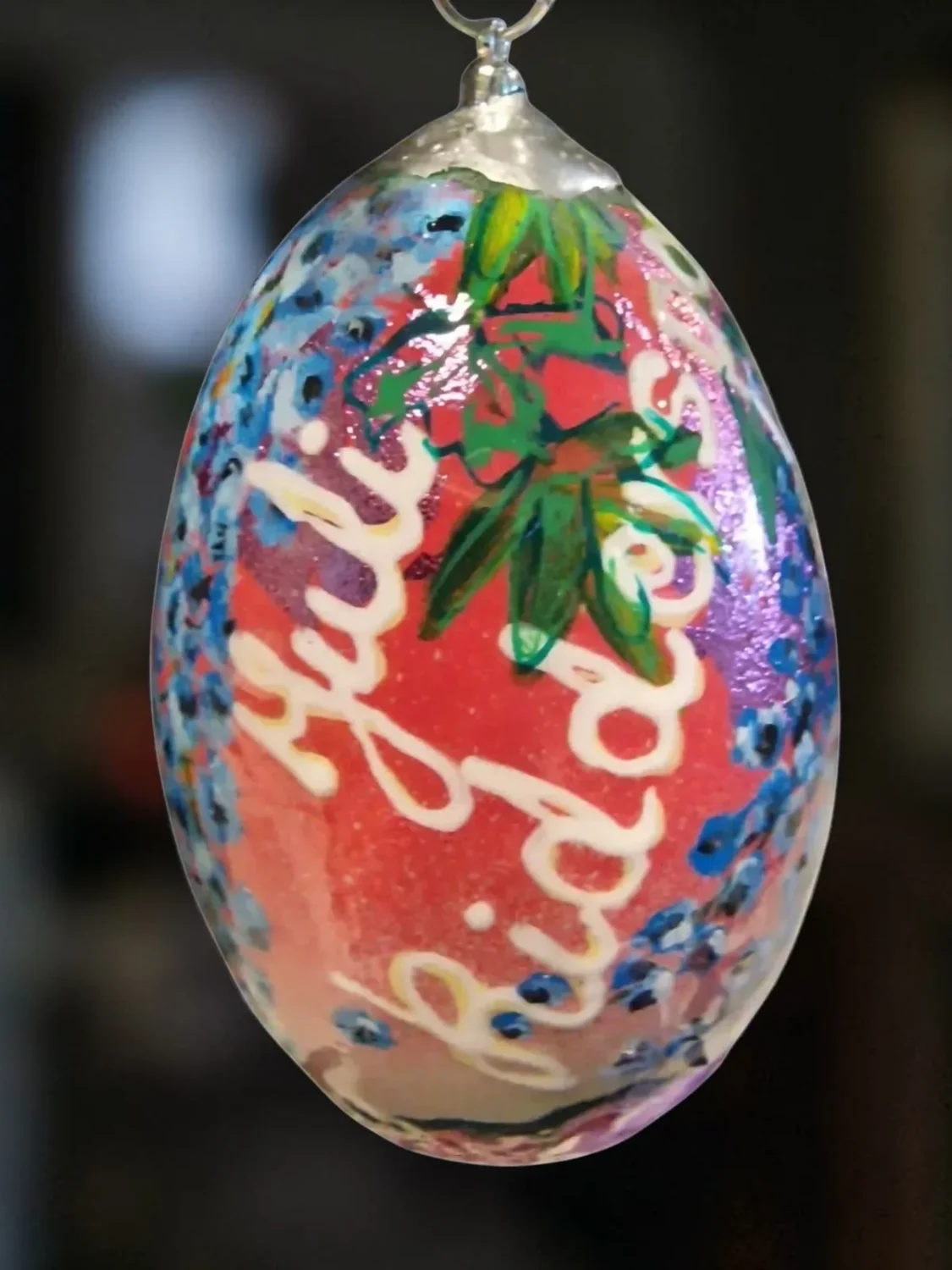 handbeschilderd ganzen ei, levensbloem juli, ridderspoor, geboorte cadeau, verjaardag