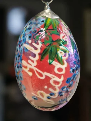 handbeschilderd ganzen ei, levensbloem juli, ridderspoor, geboorte cadeau, verjaardag