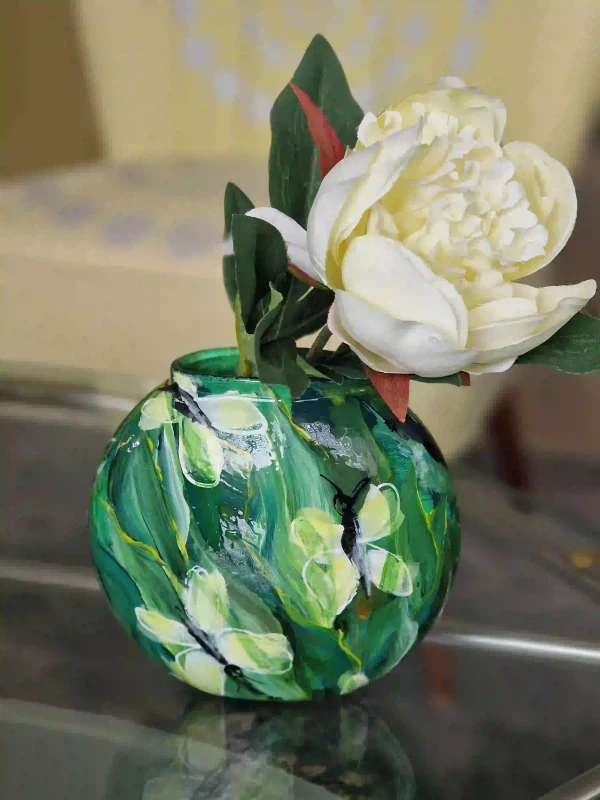 Handbeschilderd klein groen glazen, uniek kunst vaas, cadeaus