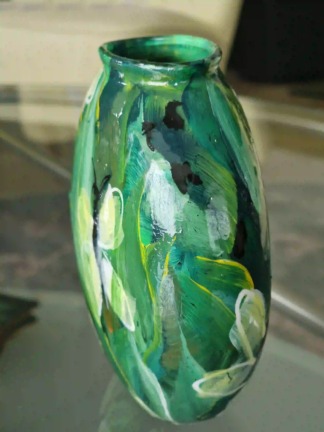 Handbeschilderd klein groen glazen, uniek kunst vaas