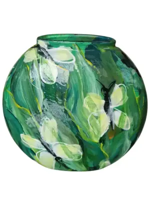 Handbeschilderd klein groen glazen, uniek kunst vaas, cadeau