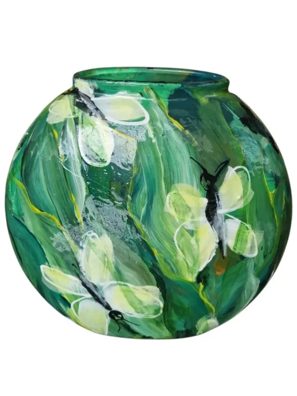 Handbeschilderd klein groen glazen, uniek kunst vaas, cadeau