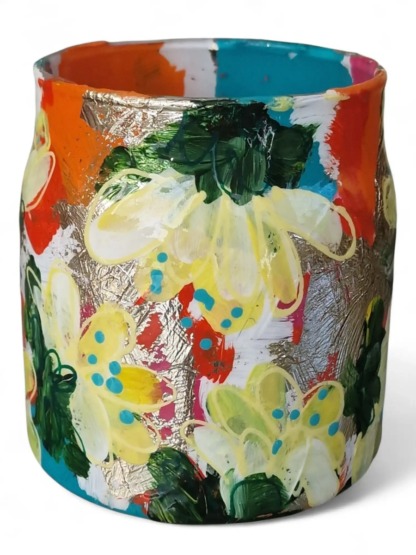 Glazen vrolijk kunst vaasje handbeschilderd duurzaam mini vaas