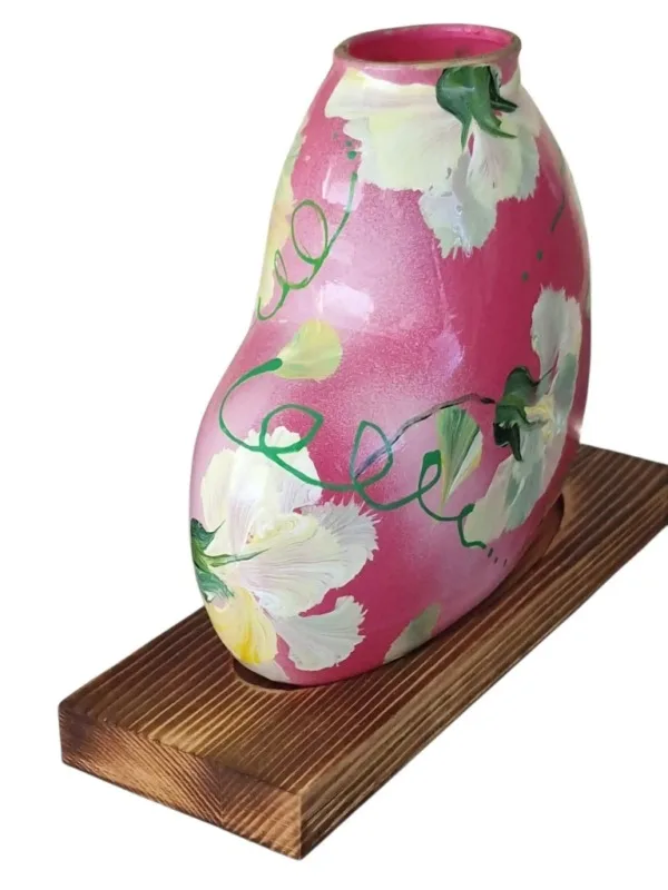 Roze vaasje met bloemen handbeschilderd – romantische hart, cadeau