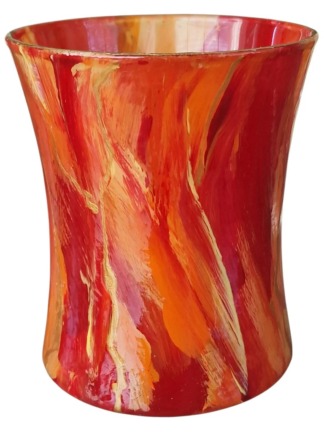 Handbeschilderd rood glazen vaasje van hergebruikt kaarsenpotje duurzaam kunstobject