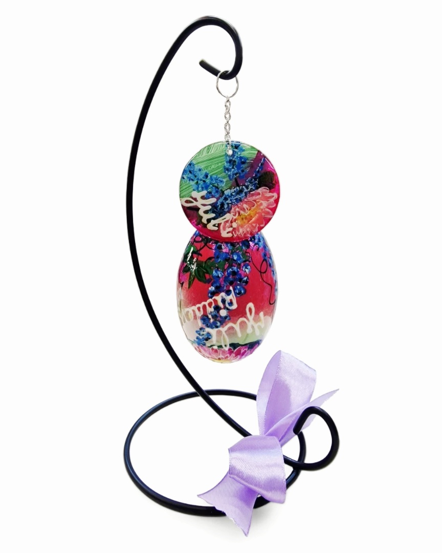 handbeschilderde ganzenei, juli ridderspoor, maandbloem, geboorte cadeau, kunstwerk, verzamelingsobject, izartshop1