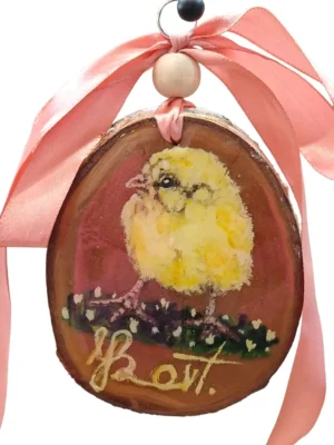 kuikentje, handbeschilderd ornament op hout, lente decoratie