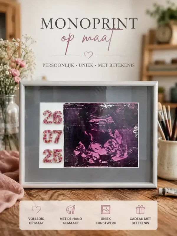 kunst kraamcadeau, hanbeschilderd, gedenkschilderij, monoprint, geboortecadeau, buikscan, Izartshop