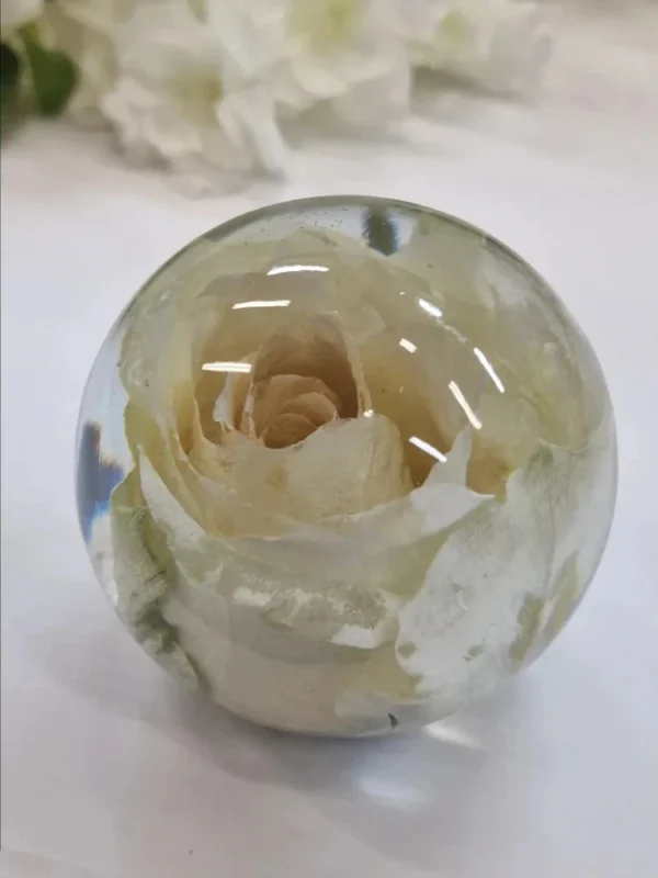 bol van epoxy met een enkel roos wit